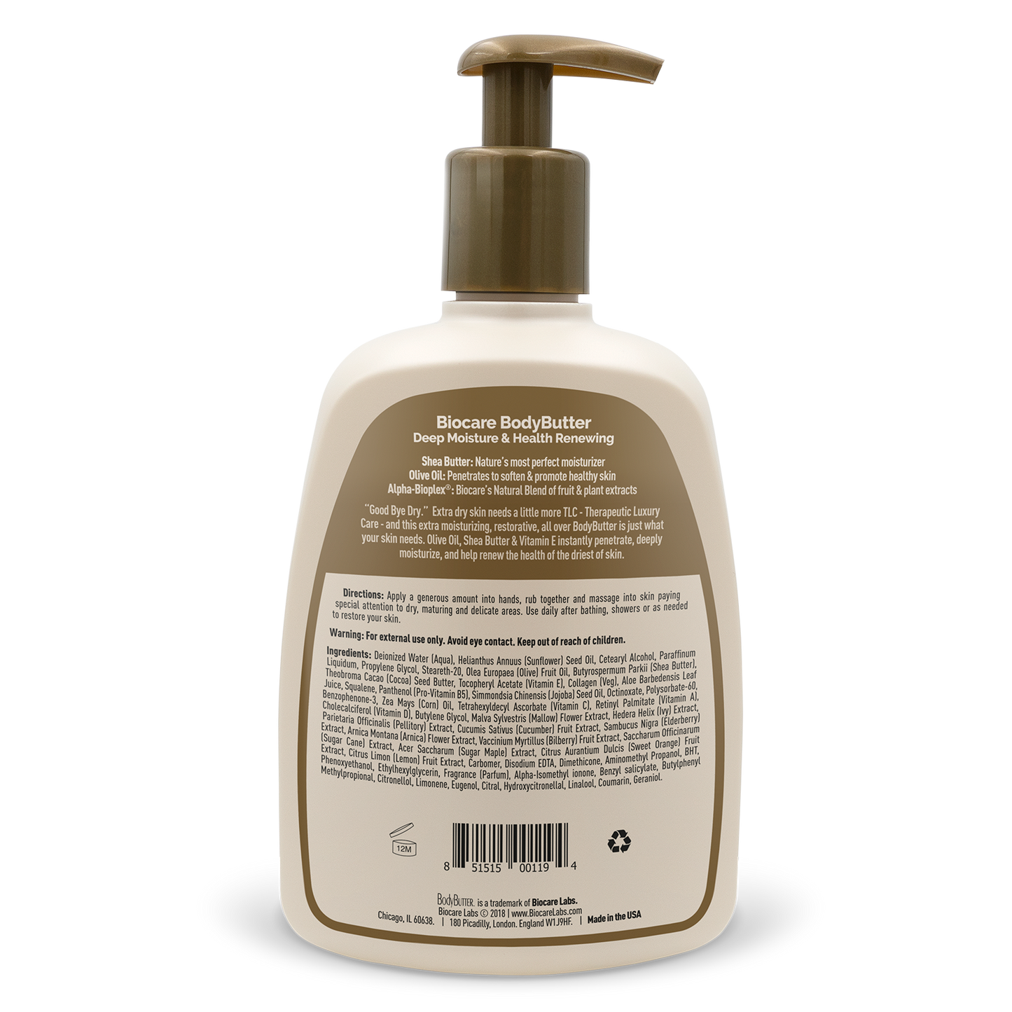Back label of a 16 oz bottle of BodyButter™ With Olive Oil & Shea Butter from Biocare Labs