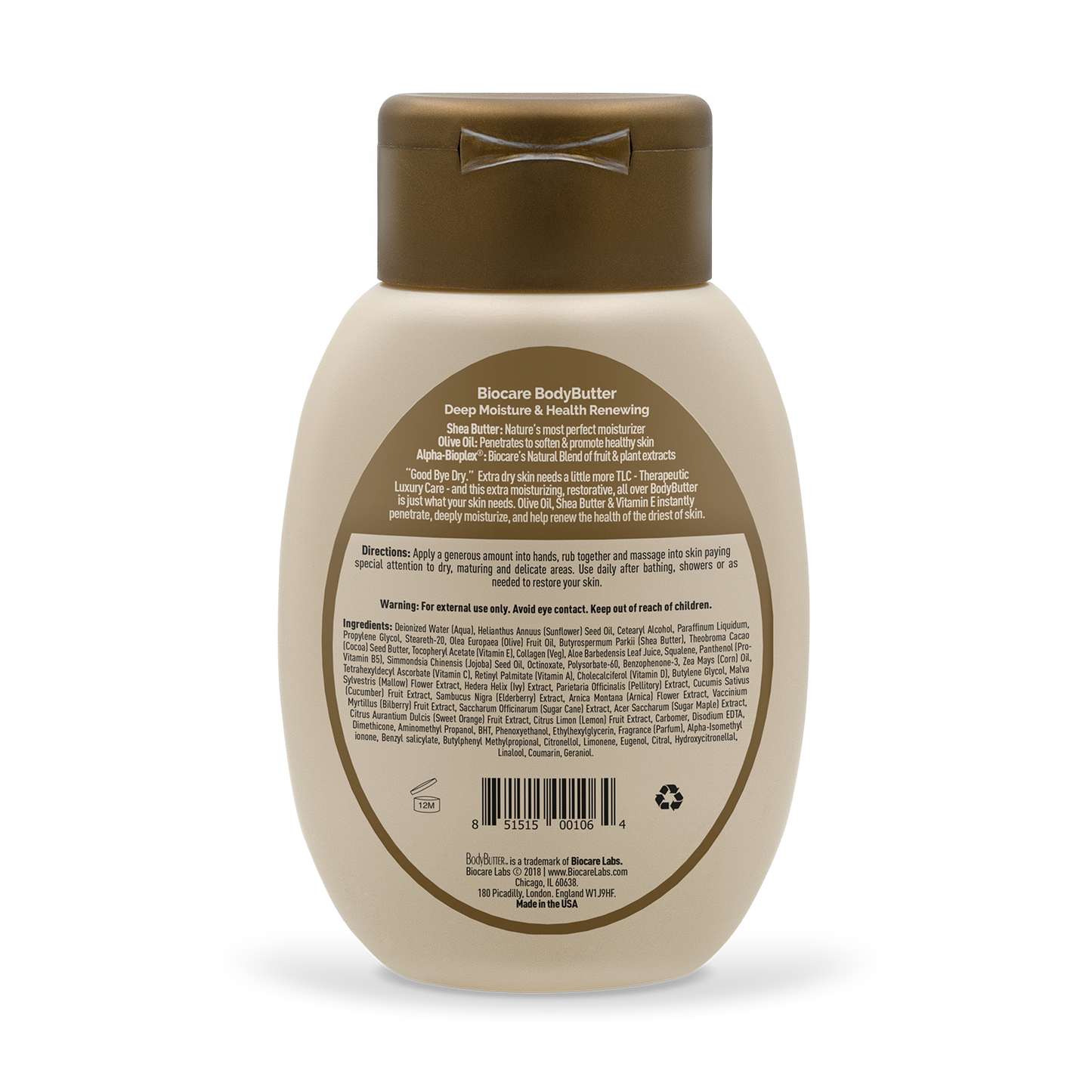 Back label of an 8 oz bottle of BodyButter™ With Olive Oil & Shea Butter from Biocare Labs