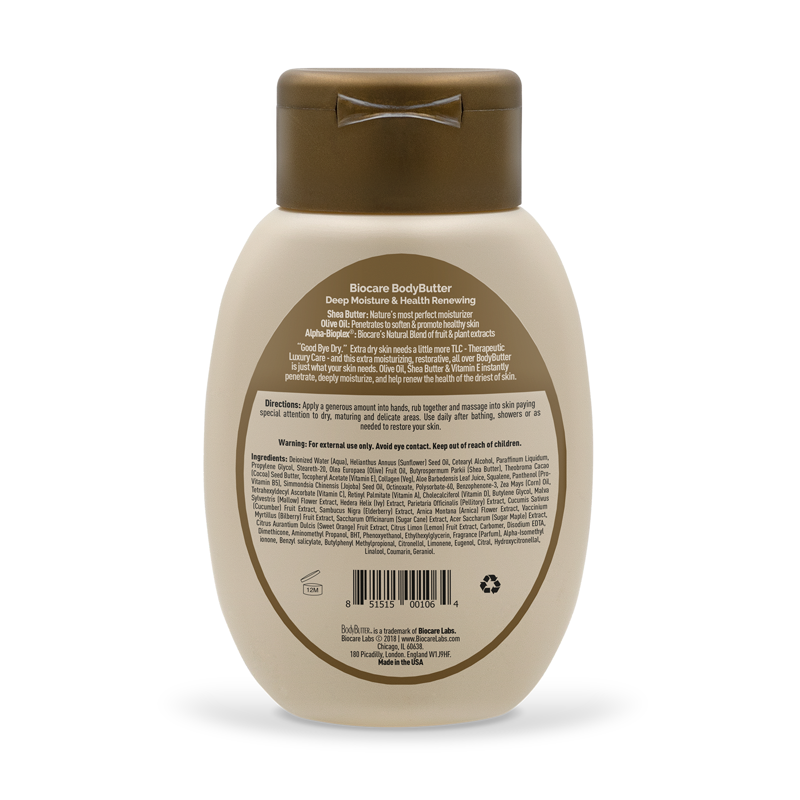 Back label of an 8 oz bottle of BodyButter™ With Olive Oil & Shea Butter from Biocare Labs