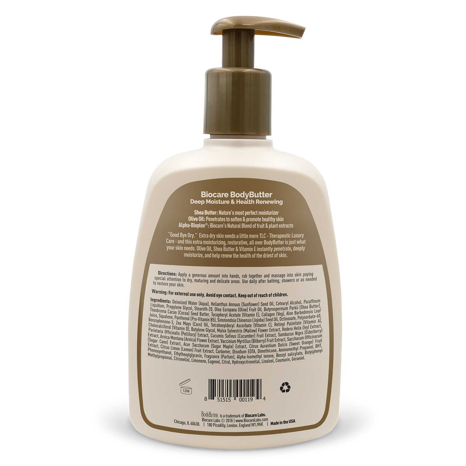 Back label of a 16 oz bottle of BodyButter™ With Olive Oil & Shea Butter from Biocare Labs
